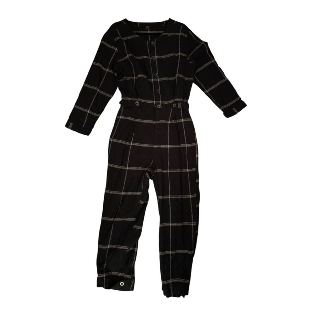 Free People Black Plaid Jumpsuit Small Button Front Gauze Modern Boho Casual - Picture 5 of 6